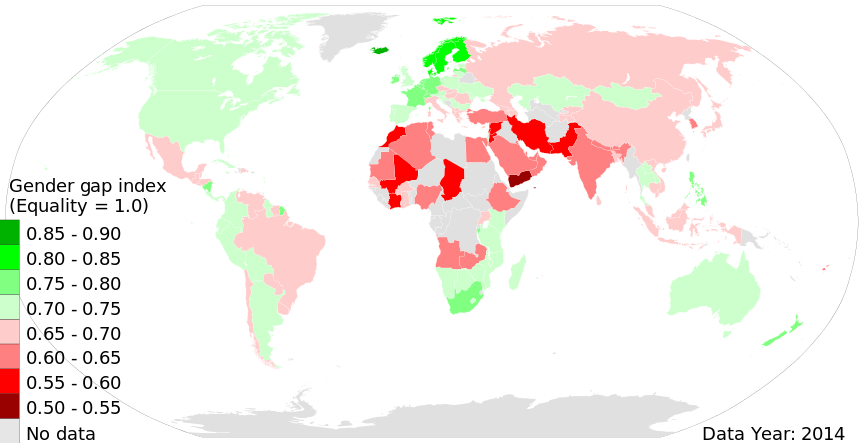 This map shows the gender gap index, as calculated by World Economic Forum in its 2014 report. Gender gap index is a measure of gender inequality. Author: Tumless, source: Wikimedia Commons